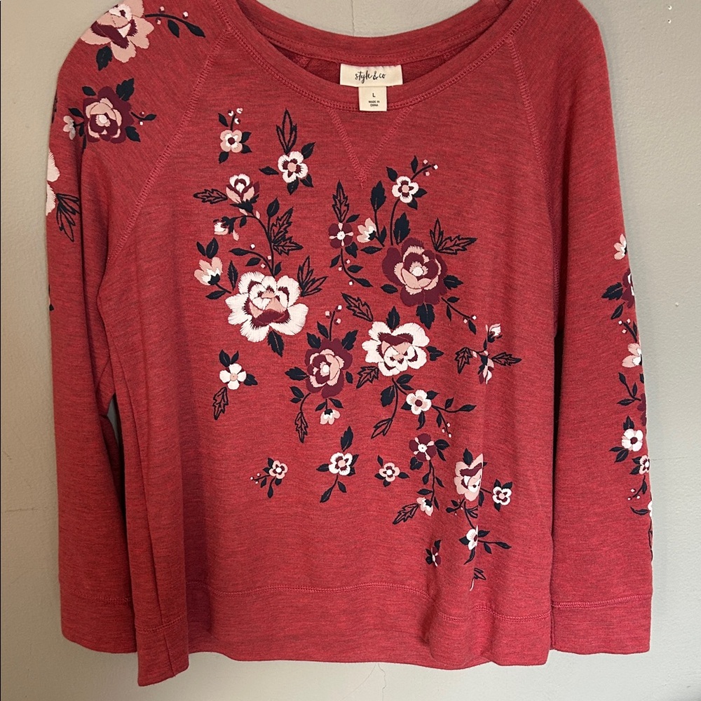 STYLUS Women's Burgundy Floral Long Sleeve Top